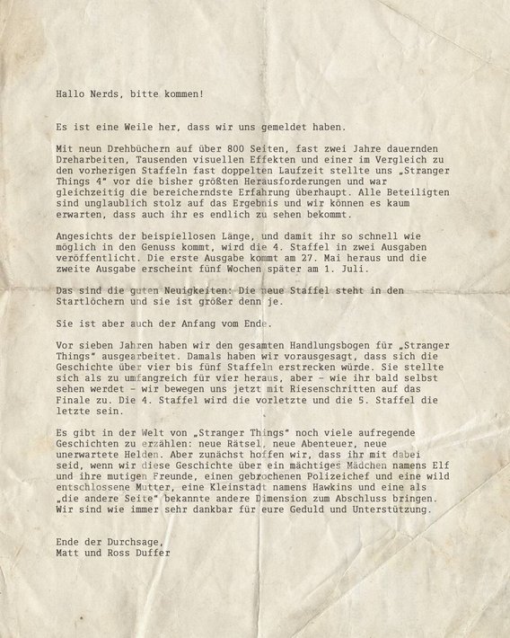 Offener Brief von Matt und Ross Duffer.
