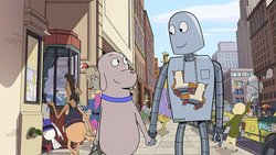 Dog spaziert mit seinem neuen Roboterfreund durch New York.