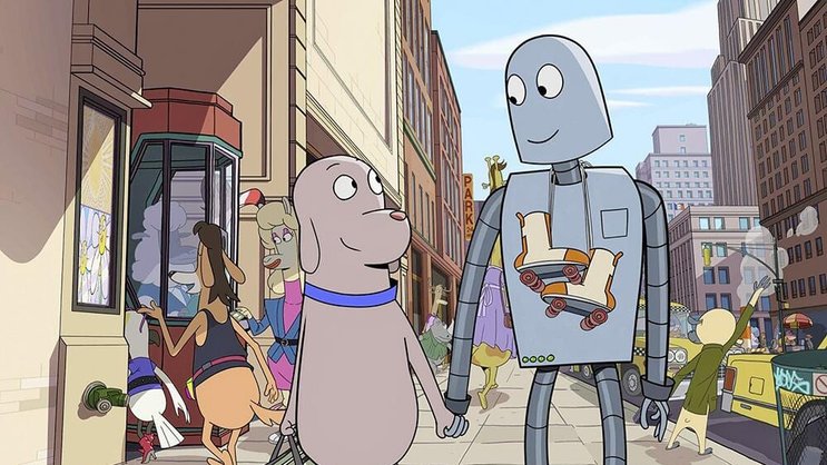 Dog spaziert mit seinem neuen Roboterfreund durch New York.